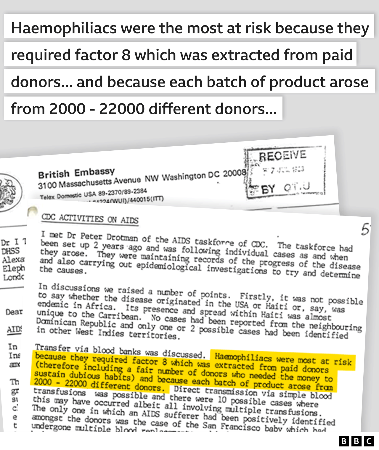 Extract of a letter from a UK embassy official describing his conversation with a representative from the US Centers for Disease Control's Aids taskforce, warning about the danger of contaminated blood from US donors.