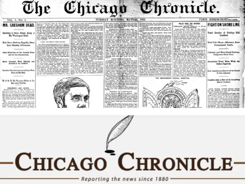 Chicago Chronicle Top, an image of an old-time newspaper with headlines and black and white drawings. Below that, a logo of the new Chicago Chronicle, including a feather and the tagline 