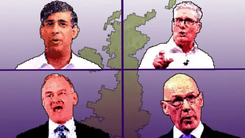 BBC/Getty/PA Pixelated images of, clockwise from top left, Conservative leader Rishi Sunak, Labour leader Keir Starmer, SNP leader John Swinney and Liberal Democrat Leader Sir Ed Davey. The frame is split into four, and in the background a pixelated image of the United Kingdom can be seen against a purple background.