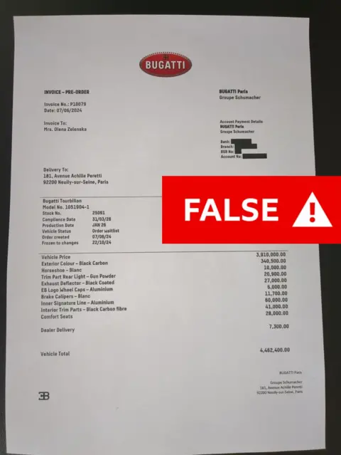 A fake version of an invoice from a Bugatti dealership, with a 