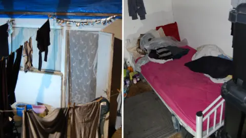 Met Police Crime scene photographs showing an outbuilding with a tarpaulin roof and a single bed inside