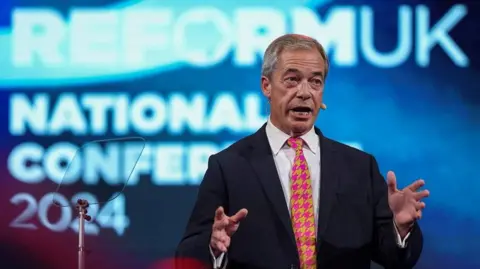 Reuters Nigel Farage at Reform UK's conference in Birmingham