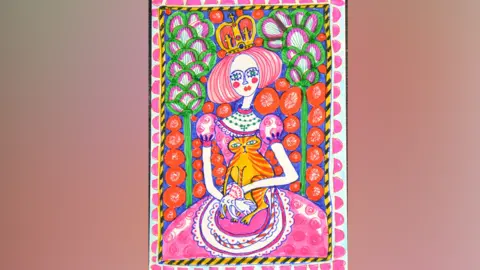 Gildings Auctioneers Artist Grayson Perry's colourful sketch of a queen holding an orange stripy cat. She has a crown on her head and red cheeks. 