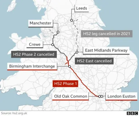 A graphic showing the HS2 line route, including the sections where the project was cancelled