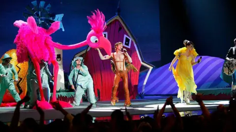 Getty Images Scissor Sisters on stage with giant, day-glo puppets during a performance at the 2005 Brit Awards