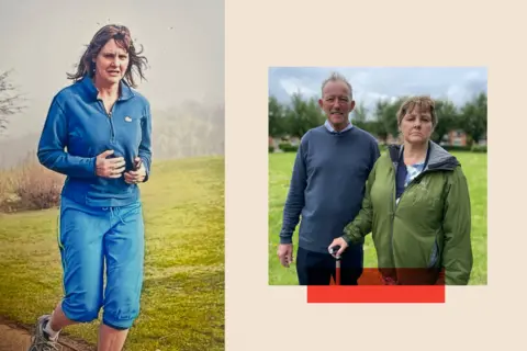 Handout Jane pictured at a Parkrun, before she was affected by blood clots - and with her husband Ian more recently