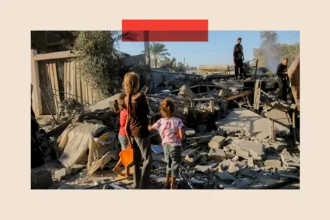 Getty Images Palestinian children amongst the debris following an Israeli airstrike in Deir al-Balah, central Gaza