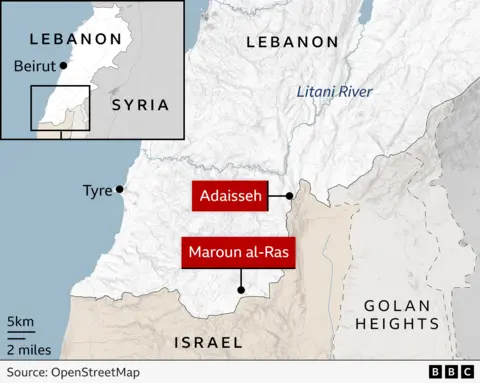 Map showing Israel-Lebanon border, as well as Adaisseh and Maroun al-Ras