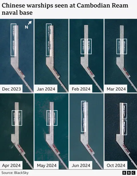 Chronological satellite images show the development of a large pier between December 2023 and October 2024