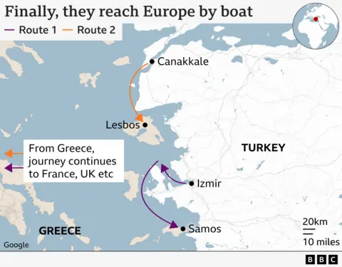 Map showing migrant route from Turkish coast to Greece