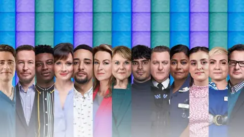 BBC Studios Thirteen separate thin photos of men and women, smartly dressed, in front of purple, blue and green backgrounds. They are all facing the camera, with some of them smiling. 