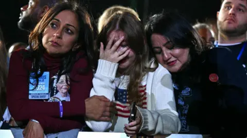 Getty Images Supporters react to election results during an election night event for US Vice President and Democratic presidential candidate Kamala Harris at Howard University in Washington, DC, on November 5, 2024