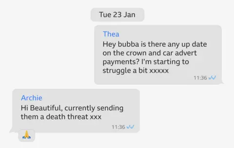 Graphic showing WhatsApp conversation between Thea and Archie which took place on Tuesday 23 January. Thea asks 