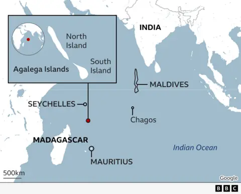 A map showing the location of Agalega in the Indian Ocean - is it located to the north-east of Madagascar and 1,100km north of mainland Mauritius