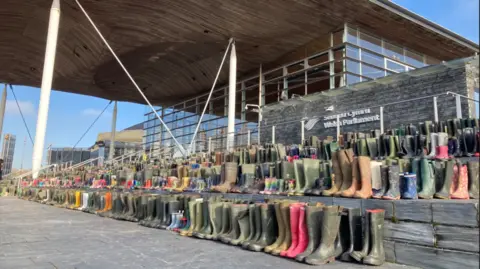 A silent protest - involving placing thousands of wellies on the steps of the Senedd - by farming union NFU Cymru.