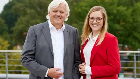 Beckhoff Automation German business owner Hans Beckhoff and his daughter Frederike, who helps to run their family-owned company, smile at the camera.