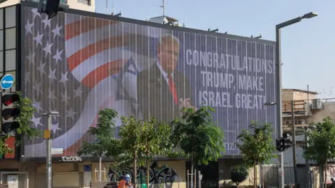 Getty Images Billboard in Tel Aviv, on 6 November congratulating Donald Trump on winning the election. Billboard depicts US and Israeli flags, Trump and words: 