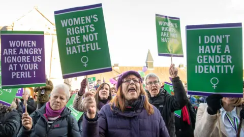 Getty Images Protest outside the Scottish Parliament by women's rights campaigners, holding placards reading 