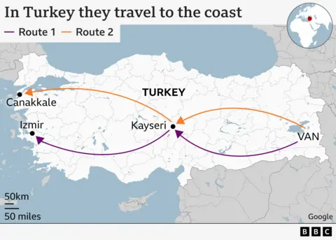 Map showing migrant routes through Turkey to the coast