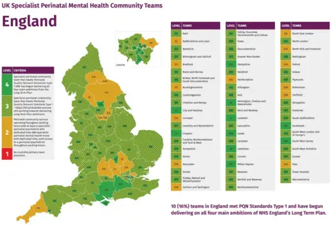 Maternal Mental Health Alliance A map of England showing some counties coloured in green and others coloured in orange, depending on what level of perinatal mental health care is provided