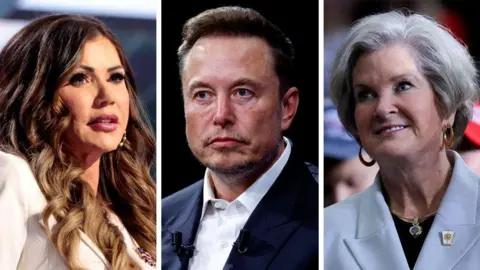 Getty Images A composite image of Kristi Noem (L), Elon Musk (C) and Susie Wiles (R)