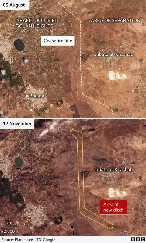 Satellite images dated 5 August 2024 and 12 November 2024, showing new ditches dug along the Area of Separation in the Israeli-occupied Golan Heights