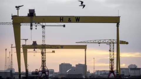 PA Media A seagull flies over Harland and Wolff cranes. Buildings are in the background. The sky is cloudy, with pink from the sun shining through. The cranes are bright yellow with H & W marked on them in black.