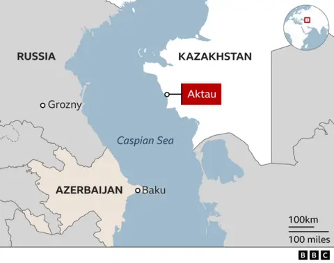 Map showing Grozny (Russia), Aktau (Kazakhstan) and Baku (Azerbaijan).