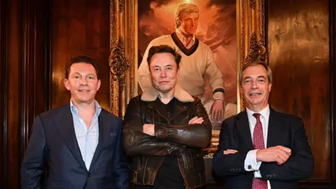 Stuart Mitchell Reform UK leader Nigel Farage pictured alongside US billionaire Elon Musk and Reform UK treasurer Nick Candy