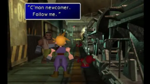 Square Enix Screenshot shows two simple, polygonal characters in a train station setting. A dialogue box at the top of the screen reads: 