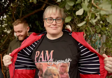 Stephen Fildes/BBC Fan Lisa Lacking showing off her t-shirt of Pam, played by Alison Steadman.