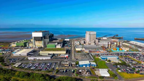 EDF Drone image of Heysham's two nuclear power stations looking across the Morecambe Bay