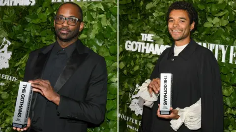 Getty Images Director RaMell Ross and actor Brandon Wilson pose with the Best Director and Breakthrough Performer awards respectively for 