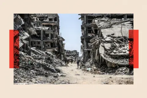 Getty Images A view of collapsed buildings as Palestinians return back to their homes 