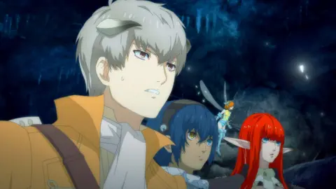 Atlus Three anime-style characters and a small fairy hovering behind them look on, concerned, at something off-screen.