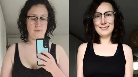 HANDOUT Alix in side-by-side 'before and after' pictures - in the left side picture she wears a black top and is visibly larger in a selfie, in the right side picture she has lost weight and wears a black vest top 