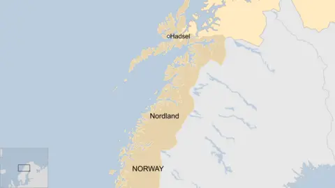 A map showing the Hadsel region of Norway