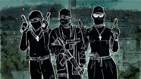 Daniel Arce-Lopez/BBC An illustration depicting gangsters holding guns with crucifixes around their necks.