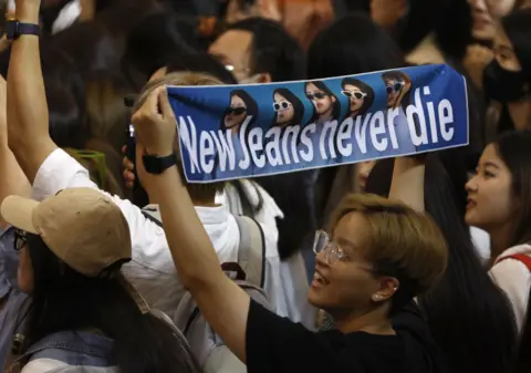 EPA A fan attending a NewJeans concert holds up a banner reading 