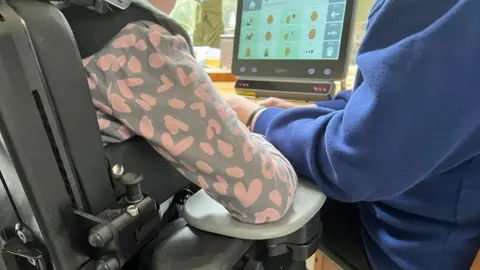 Picture taken from behind showing a mother and daughter looking at a computer. The daughter, on the left, is in a large wheelchair and is wearing a grey long-sleeve t-shirt with pink hearts. Her mother is wearing a blue sweatshirt. 