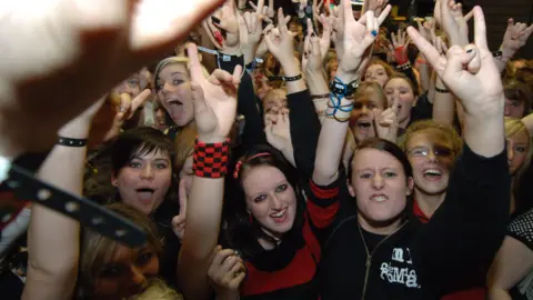 Museum of Youth Culture An image of youth at a concert with their hands displaying a rock sign.