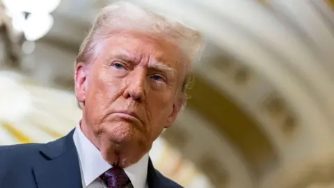 Getty Images Donald Trump - a close-up image of the president-elect who has short, blonde hair and is wearing a navy suit jacket, a white collared shirt and a blue and red patterned tie.