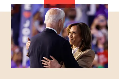 Getty Images Kamala Harris and U.S. President Joe Biden greet each other in a hug