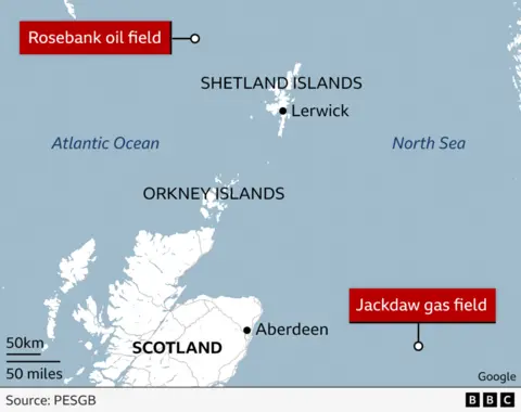 A map of the north sea showing the jackdaw and rosebank fields relative to the mainland and other island groups