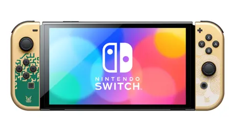 Nintendo A Nintendo Switch console against a white background. The screen displays the words 