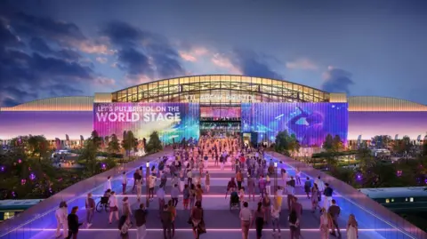 YTL Group A computer generated image of what the YTL Arena will look like once finished. There is a large walkway bridge lit up with blue and purple lights, leading towards the entrance. The arena itself is a long arched building with large electronic screens on either side. There are hundreds of people crossing the bridge, heading towards the arena.