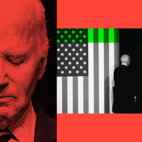 BBC A montage image showing Joe Biden looking down, with a red filter, and then a picture of Joe Biden walking off stage with a US flag in the background