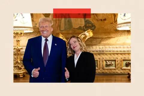 EPA Italian Prime Minister Giorgia Meloni and Donald Trump pose with their thumbs up