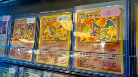 Danny Fullbrook/BBC Three Charizard cards in plastic wallets are on display. All are holographic shiny cards, two are Japanese and have values attached of £180. An English card is worth £95.