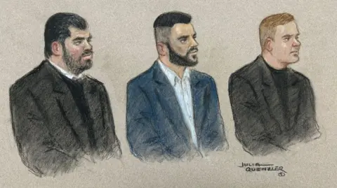 A court sketch of Bora Guccuk, wearing a dark jacket, Frederick Doe wearing a blue shirt and jacket and Michael Jones wearing a dark jacket.